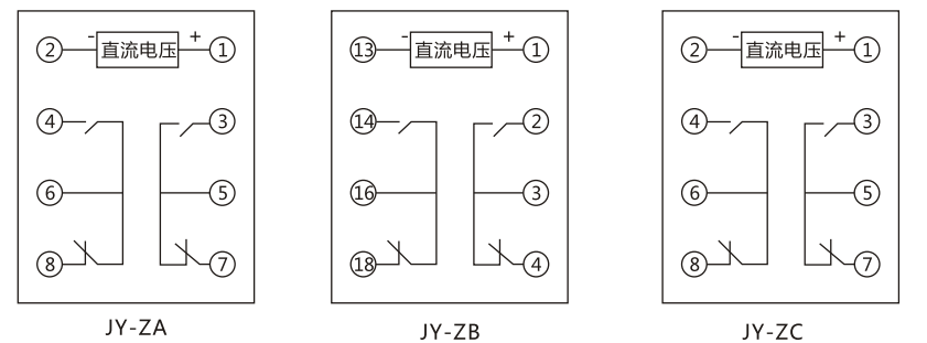 JY-ZA直流高低值電壓繼電器內(nèi)部接線及外引接線圖 JY-ZA直流高低值電壓繼電器內(nèi)部接線及外引接線圖