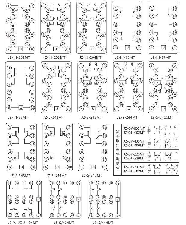JZ-S/424MT跳位、合位、電源監視中間繼電器內部接線圖 JZ-S/424MT跳位、合位、電源監視中間繼電器內部接線圖