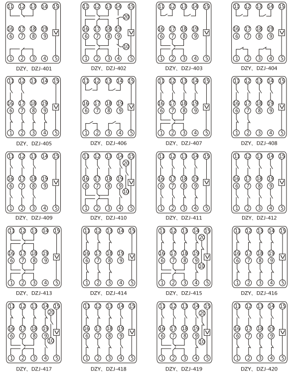 DZY（J)-416導(dǎo)軌式中間繼電器內(nèi)部端子外引接線圖(正視)